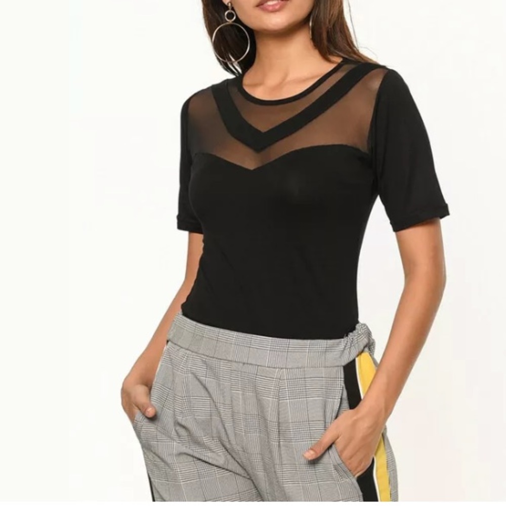 Black Sheer-Panel Crewneck Tee Size XL